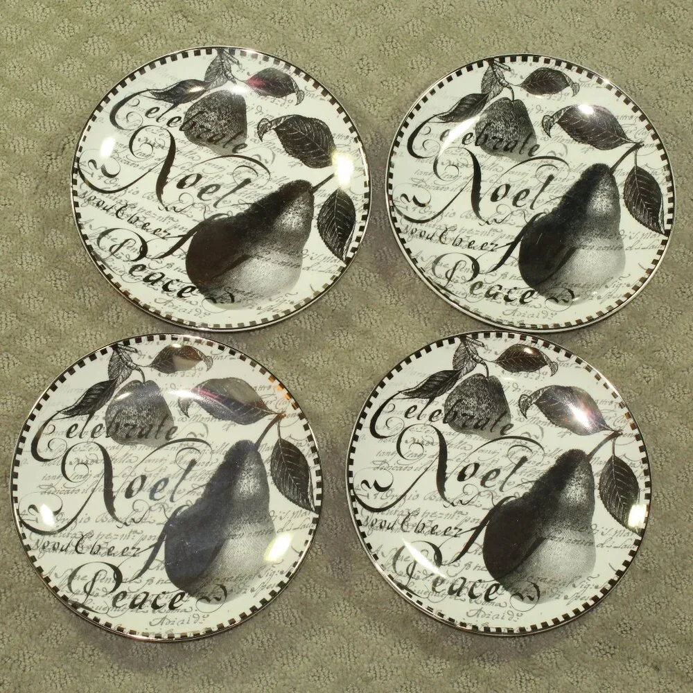 Set of 4 Silver Holiday (Pear & Noel) Salad Plates by Restoration Hardware IOB